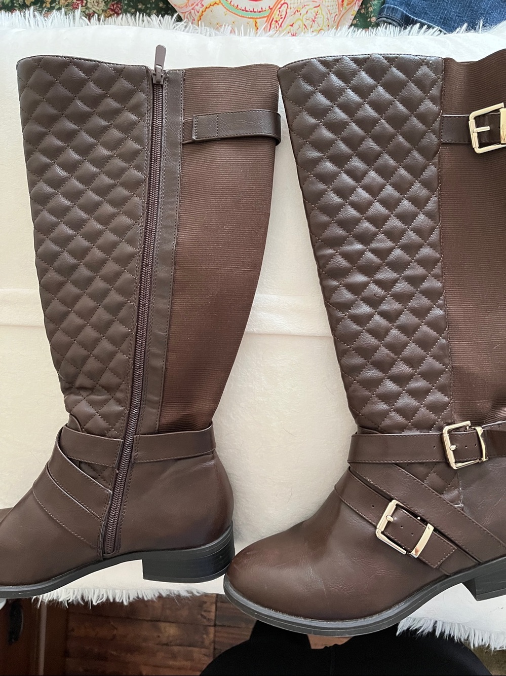 Quilted Brown Over-the-Knee Riding Boots with Buckle Detail